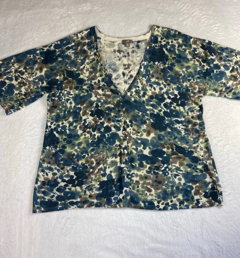 J Jill Silk Cotton Cashmere Cardigan Sweater Women’s XL Short Sleeve Watercolor